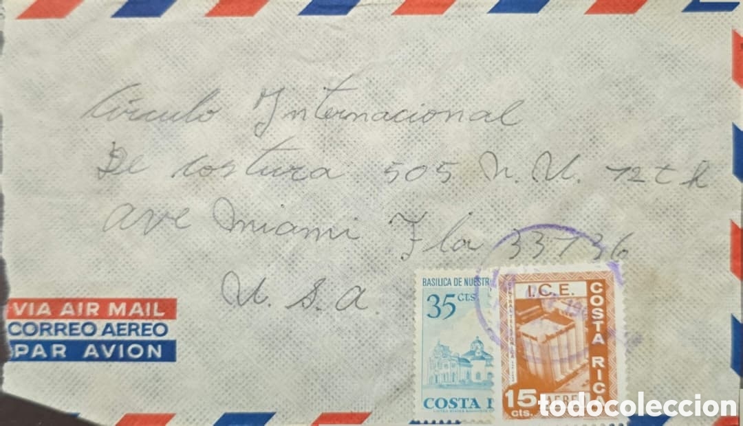 Sellos: CA)Costa Rica &middot; 1970s &middot; Airmail & Architecture &middot; International envelope addressed to Miami, franked
