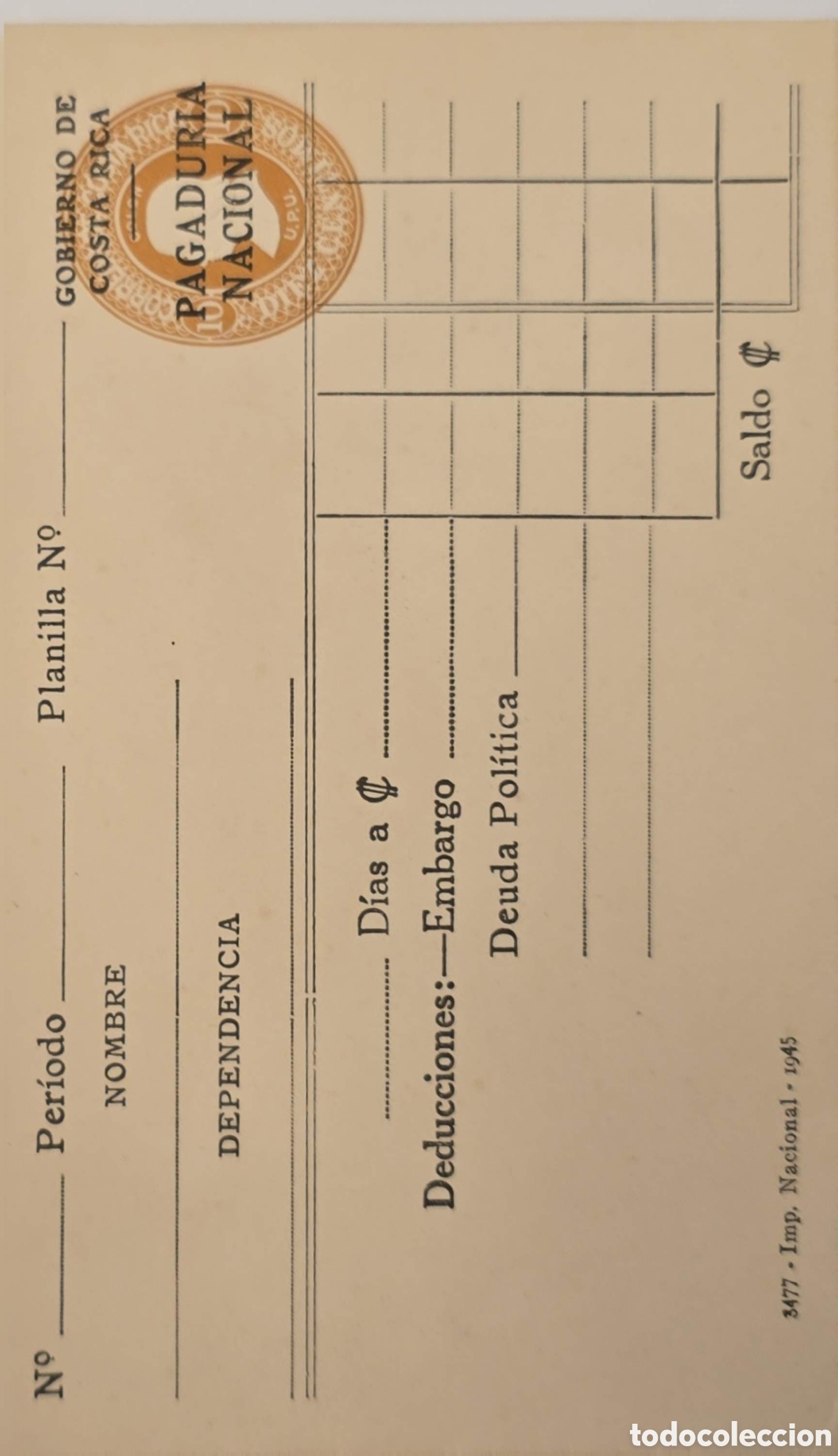 Sellos: CA)Costa Rica.1945.Government Postal Stationery / National Paymaster Office (Pagadur&iacute;a Nacional)