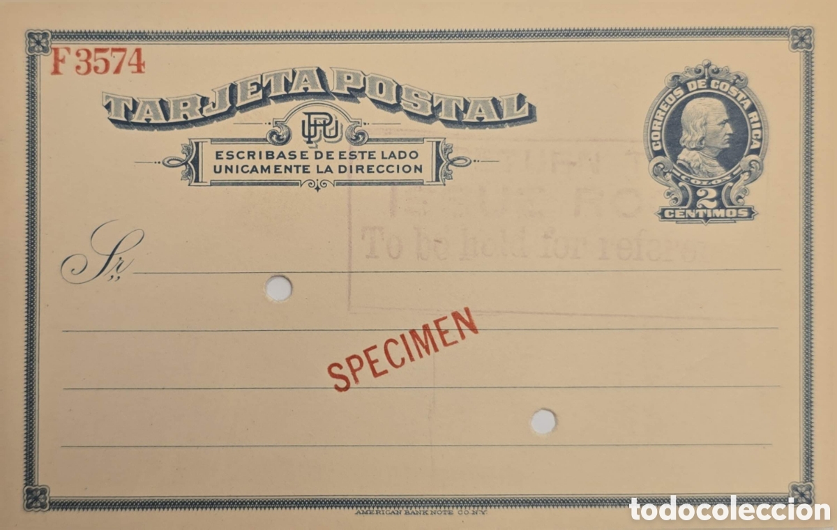 Sellos: CA)Costa Rica.1907.2 c&eacute;ntimos postal stationery card overprinted with &rdquo;SPECIMEN&rdquo; in red, printed by