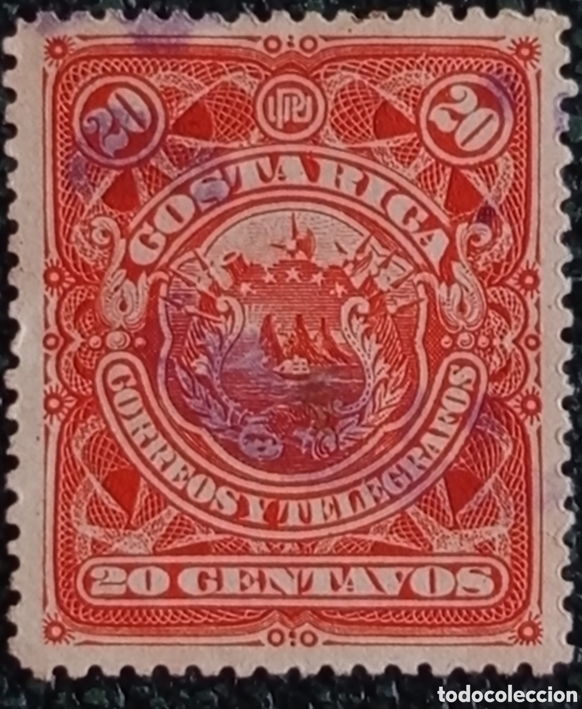 Sellos: Costa Rica 1892 - Escudo de Armas, 20c Bermell&oacute;n / Rojo (Scott #39) Nuevo