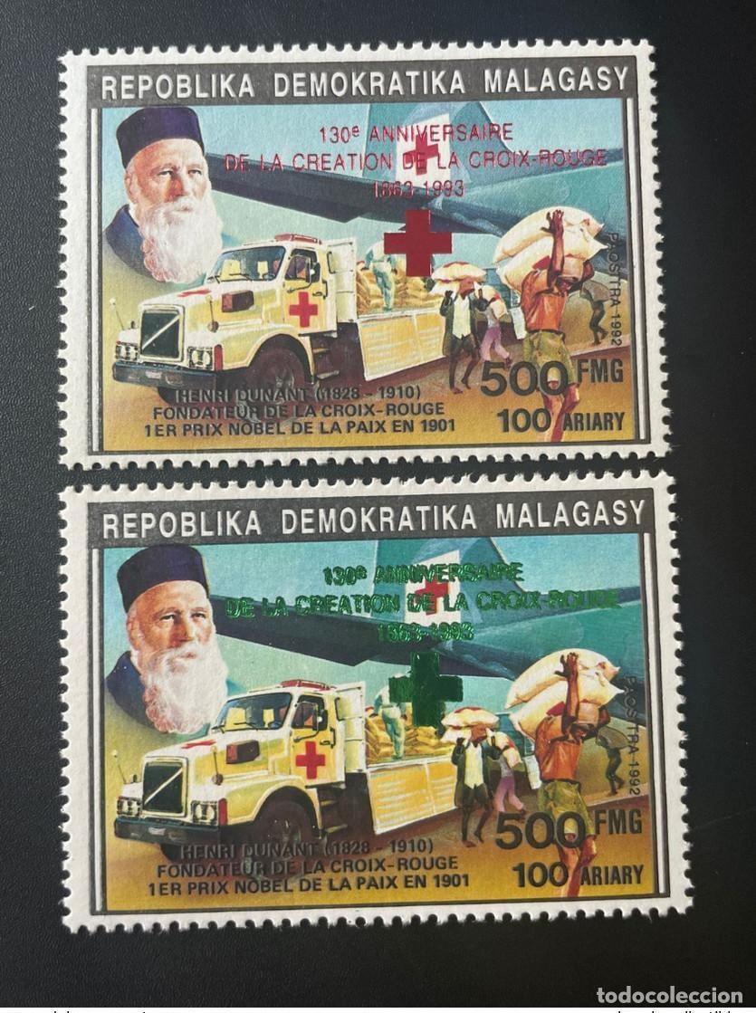 Sellos: Avi&oacute;n de la Cruz Roja Dunant Mi. 1560AA/B Rojo Verde Sobrecargado Madagascar 1993