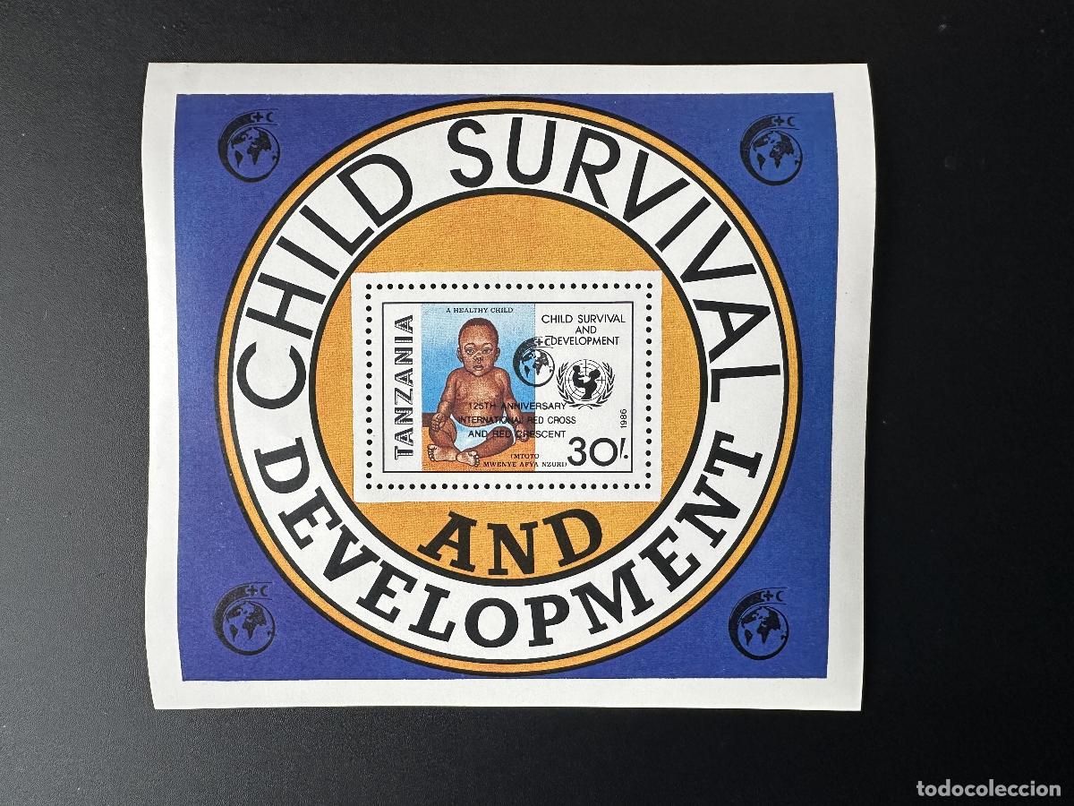 Sellos: Tanzania 1988 Mi. Bl. 74 sobrecargado: UNICEF ni&ntilde;os Cruz Roja