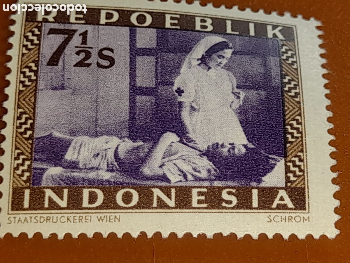 Sellos: Sello (1/24v) Indonesia nuevo 1947-1948. Enfermera Cruz roja soldado herido. Sanidad. Salud. Orgamiz