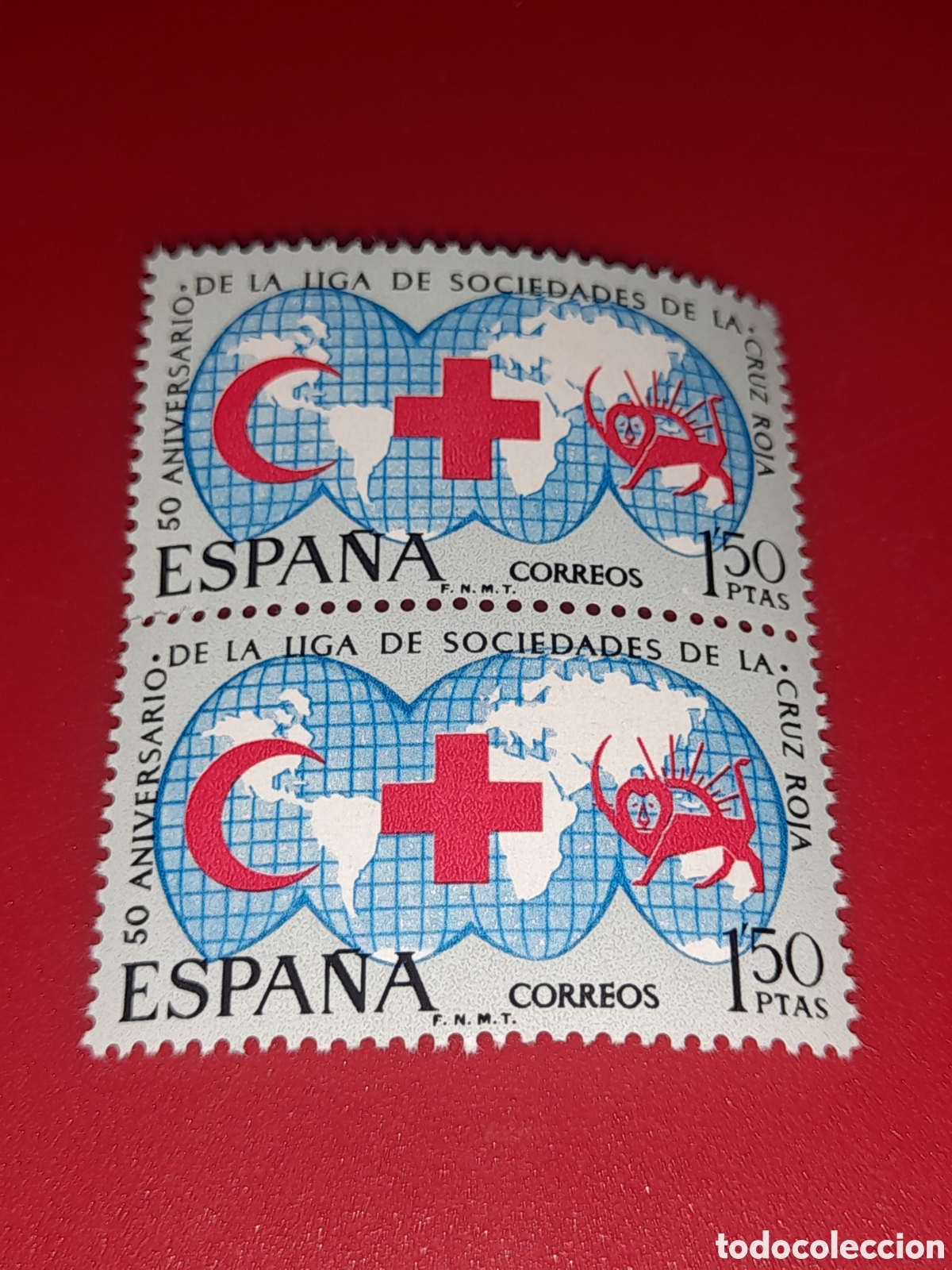 Sellos: Sello Espa&ntilde;a nuevo 1969. 50Aniv Sociedad Cruz roja. Media luna. Le&oacute;n. Organizaciones. Ayuda. Mapamun
