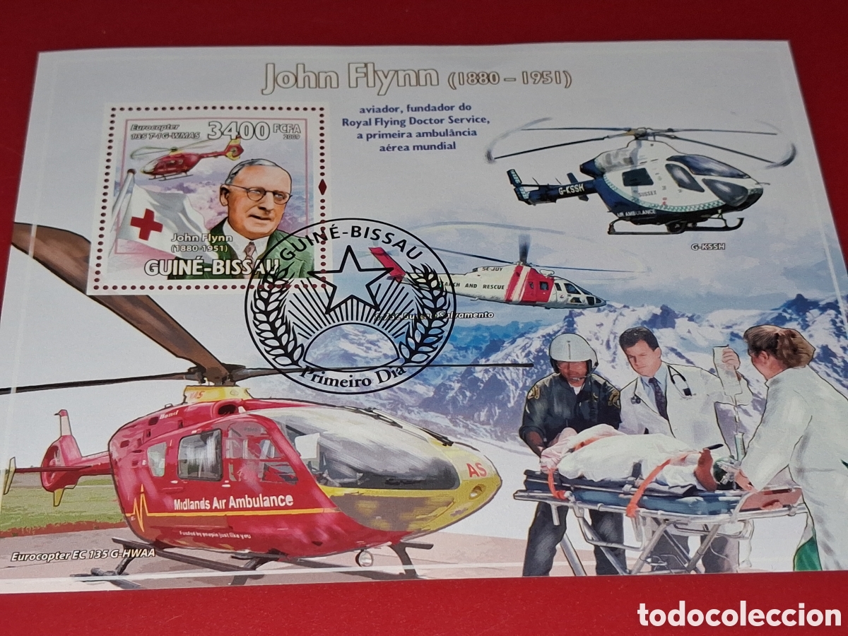 Sellos: HB Guinea Bissau mtdo 2009. J. Flynn. Primer ambulancia aerea. Cruz roja. Helic&oacute;ptero. Aviaci&oacute;n. Org