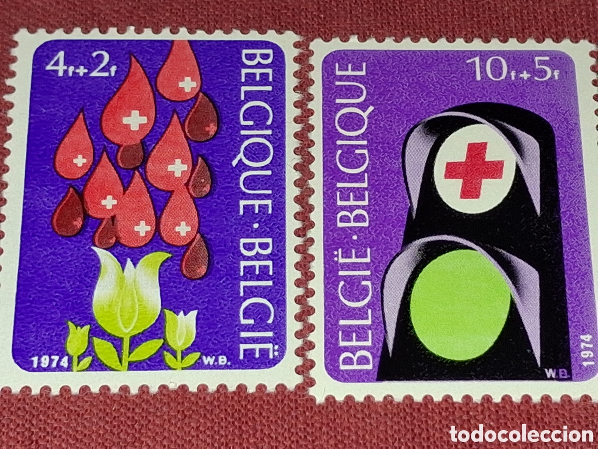 Sellos: Sello B&eacute;lgica nuevo 1974. Cruz roja. Organizaciones. Flores. Sangre. Sem&aacute;foro. Cuidados. Humitaria