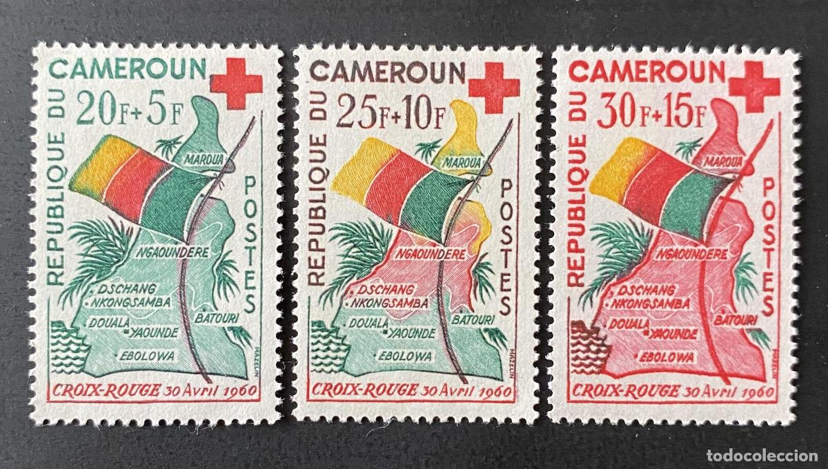 Sellos: Camer&uacute;n 1960 Mi. 326-328 Cruz Roja mapa bandera nacional