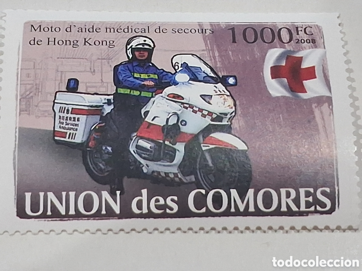 Sellos: Sello Comoras nuevo 2008. Servicio m&eacute;dico Cruz roja motocicleta Hong Kong. Moto. Medicina. Organizac