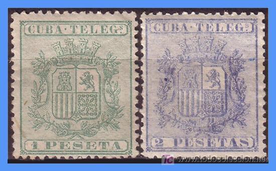 Sellos: 1875 TEL&Eacute;GRAFOS ESCUDO DE ESPA&Ntilde;A, N&ordm; 32 y 33 *
