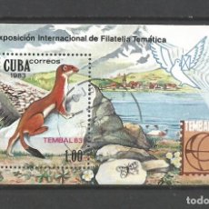 Sellos: CUBA AÑO 1983 HOJA BLOQUE USADA. TEMÁTICAS EXPOSICIONES FILATÉLICAS ”TEMBAL 83” Y FAUNA. Lote 400183364