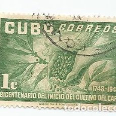 Sellos: SELLO USADO DE CUBA DE 1952- INICIO DEL CULTIVO DEL CAFE- YVERT 364- VALOR 1 CENTAVO