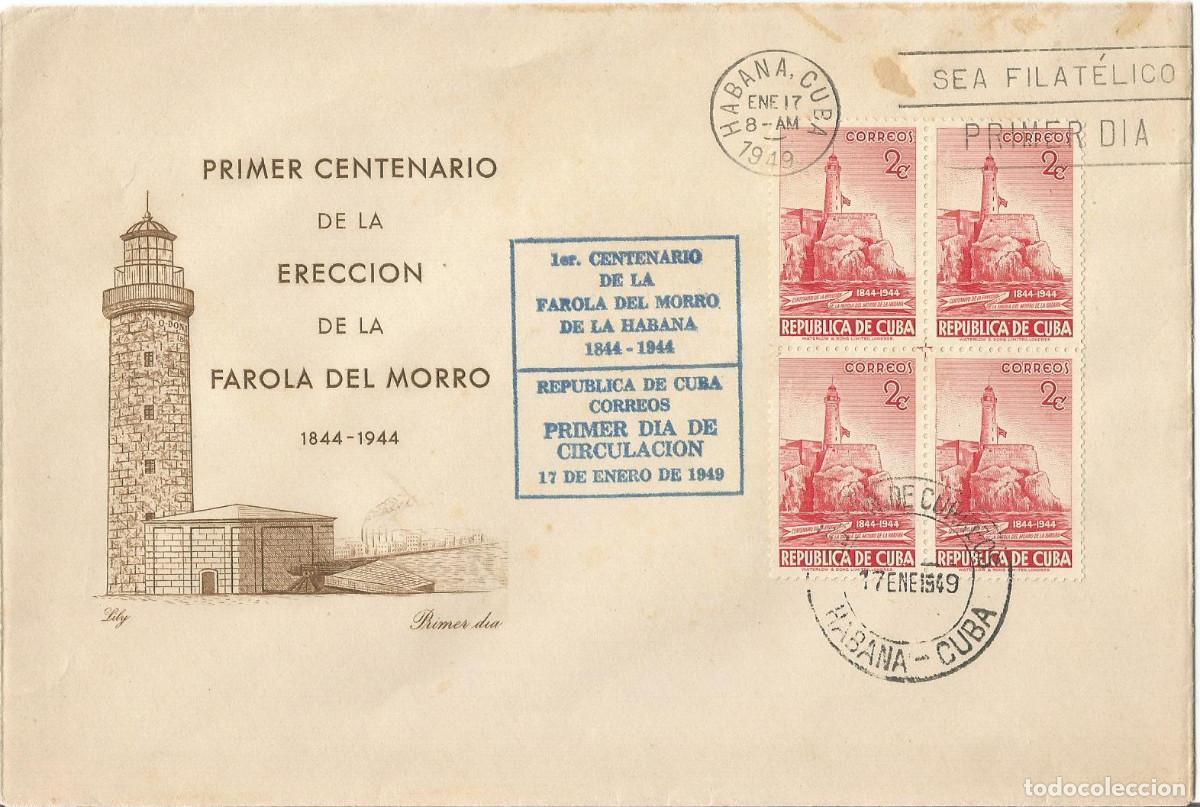 Sellos: Cuba 1949. FDC, SPD Centenario de la Farola del Morro. Block de 4. - Foto 1