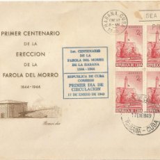 Sellos: CUBA 1949. FDC, SPD CENTENARIO DE LA FAROLA DEL MORRO. BLOCK DE 4.