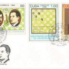 Sellos: CUBA 1988. FDC, SPD CENTENARIO DEL NACIMIENTO DE JOSÉ RAÚL CAPABLANCA. AJEDREZ