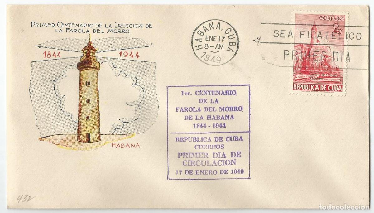 Sellos: Cuba 1949. FDC, SPD Centenario de la Erecci&oacute;n de la Farola del Morro. - Foto 1