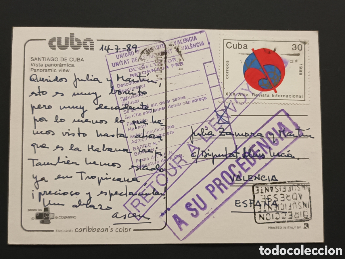 Sellos: CUBA. POSTAL FRANQUEADA Y DEVUELTA A SU PROCEDENCIA. - Foto 1