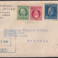 Sellos: 1934-H-27 CUBA REPUBLICA 1934 FINLAY REGISTERED COVER TO HUNGARY.