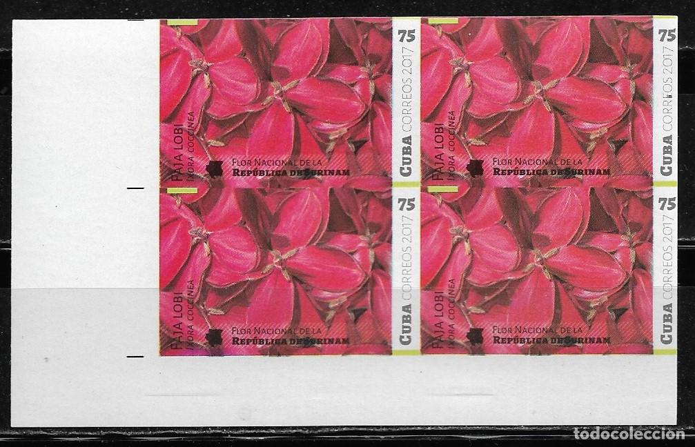 Sellos: CUBA 2017, FLORES DE AM&Eacute;RICA REP. DE SURINAM EN BLOQUE DE 4 SIN DENTAR. MNH.
