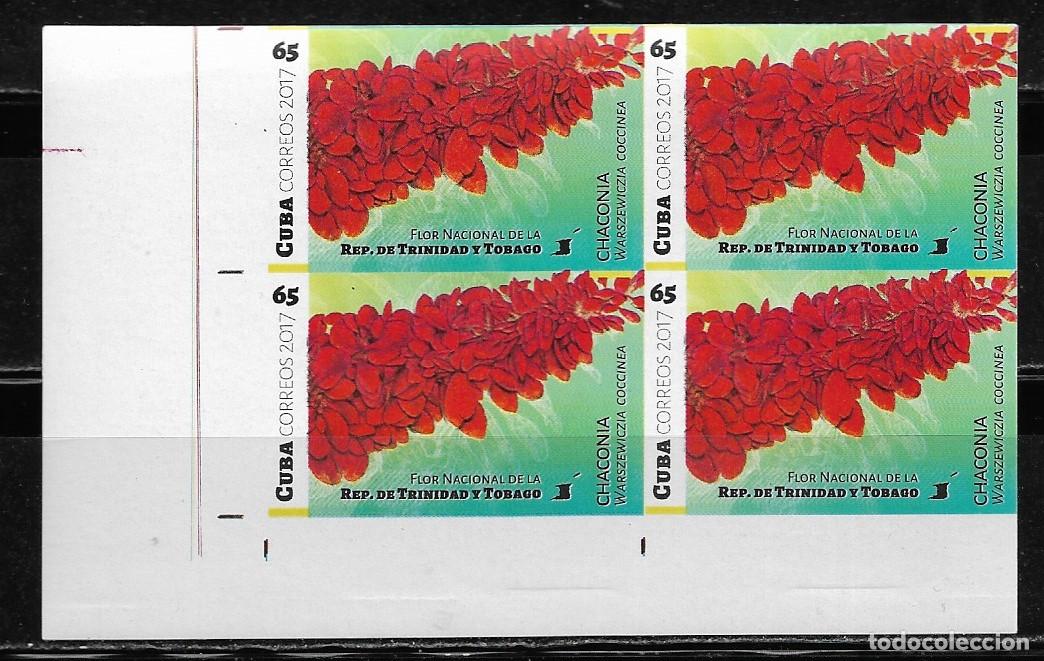 Sellos: CUBA 2017, FLORES DE AM&Eacute;RICA TRINIDAD Y TOBAGO EN BLOQUE DE 4 SIN DENTAR. MNH.