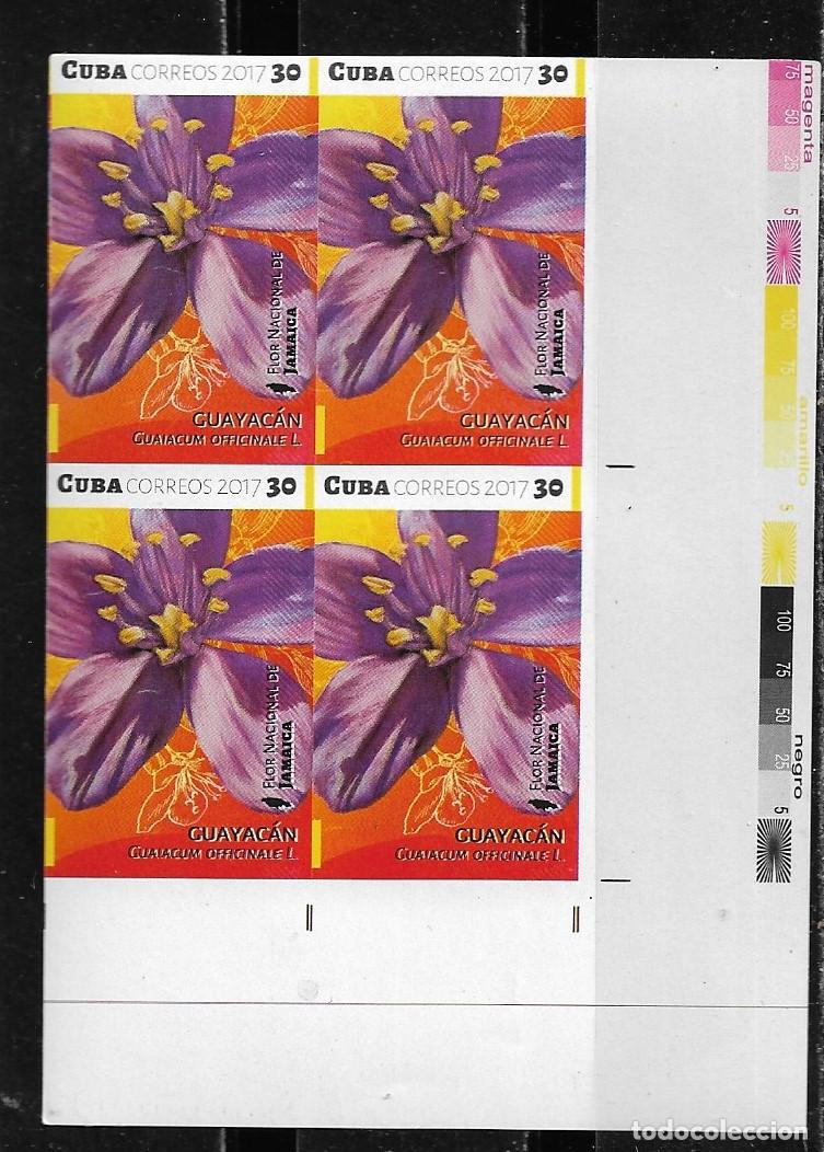 Sellos: CUBA 2017, FLORES DE AM&Eacute;RICA - JAMAICA, EN BLOQUE DE 4 SIN DENTAR. MNH.