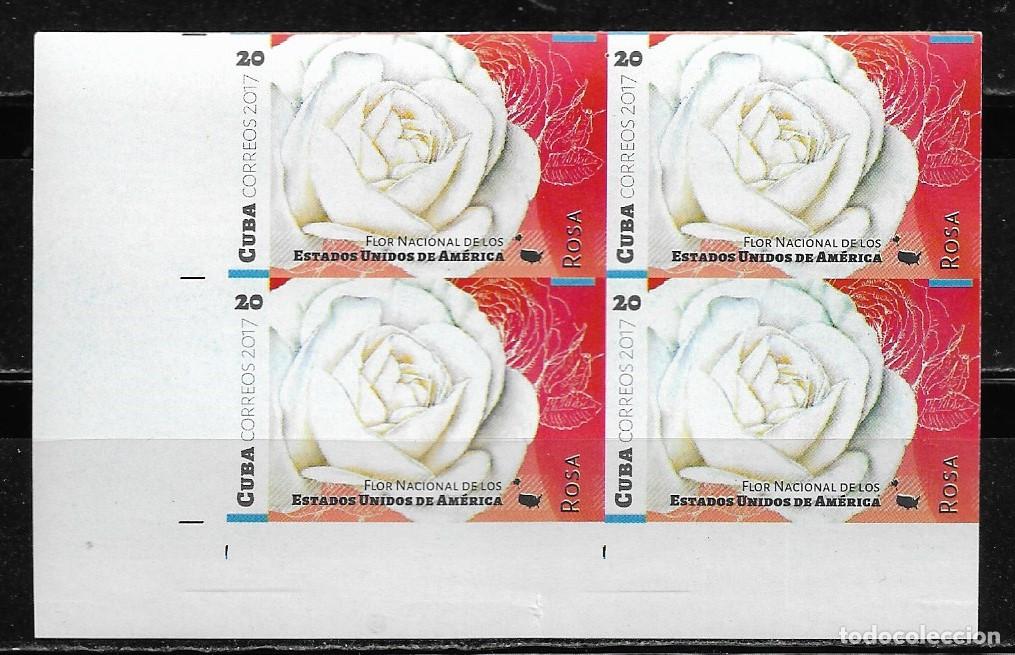 Sellos: CUBA 2017, FLORES DE AM&Eacute;RICA - ESTADOS UNIDOS, EN BLOQUE DE 4 SIN DENTAR. MNH.