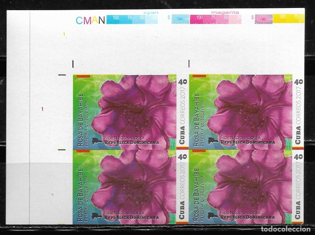 Sellos: CUBA 2017, FLORES DE AM&Eacute;RICA - REP. DOMINICANA, EN BLOQUE DE 4 SIN DENTAR. MNH.