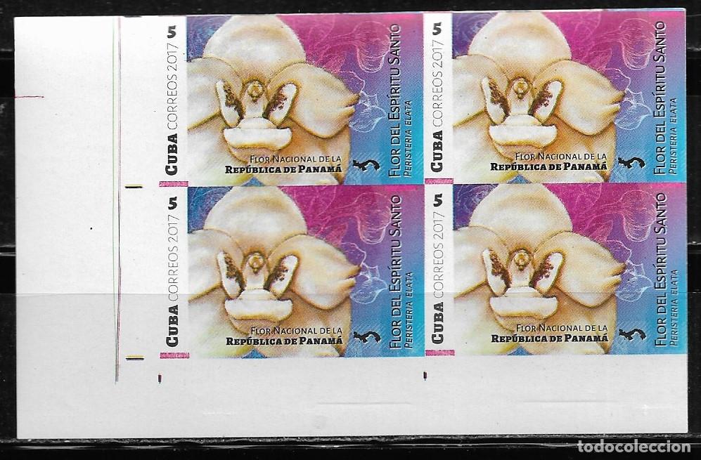 Sellos: CUBA 2017, FLORES DE AM&Eacute;RICA - REP. PANAMA, EN BLOQUE DE 4 SIN DENTAR. MNH.