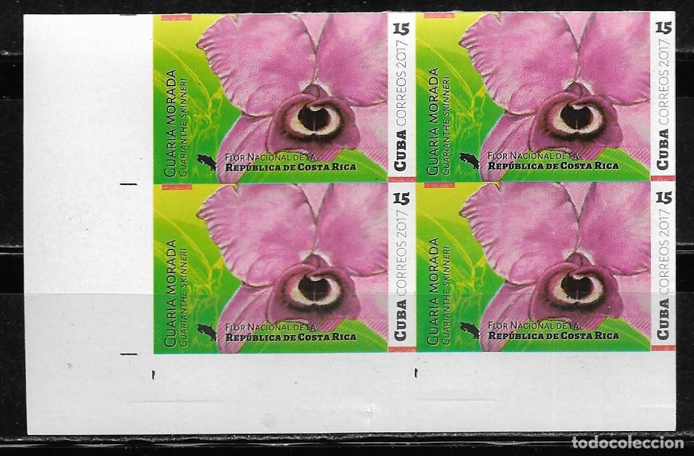 Sellos: CUBA 2017, FLORES DE AM&Eacute;RICA - REP. DE COSTA RICA, EN BLOQUE DE 4 SIN DENTAR. MNH.