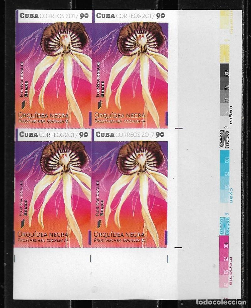 Sellos: CUBA 2017, FLORES DE AM&Eacute;RICA - BELICE, EN BLOQUE DE 4 SIN DENTAR. MNH.