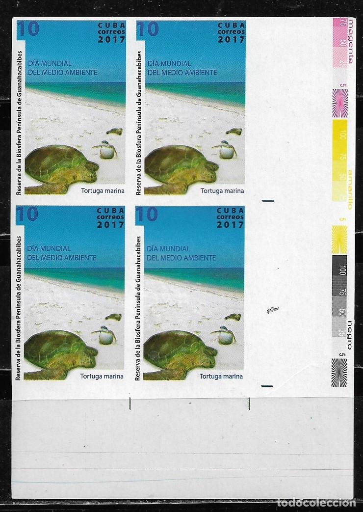 Sellos: CUBA 2017, D&Iacute;A MUNDIAL DEL MEDIO AMBIENTE - TORTUGA MARINA, EN BLOQUE DE 4 SIN DENTAR. MNH.