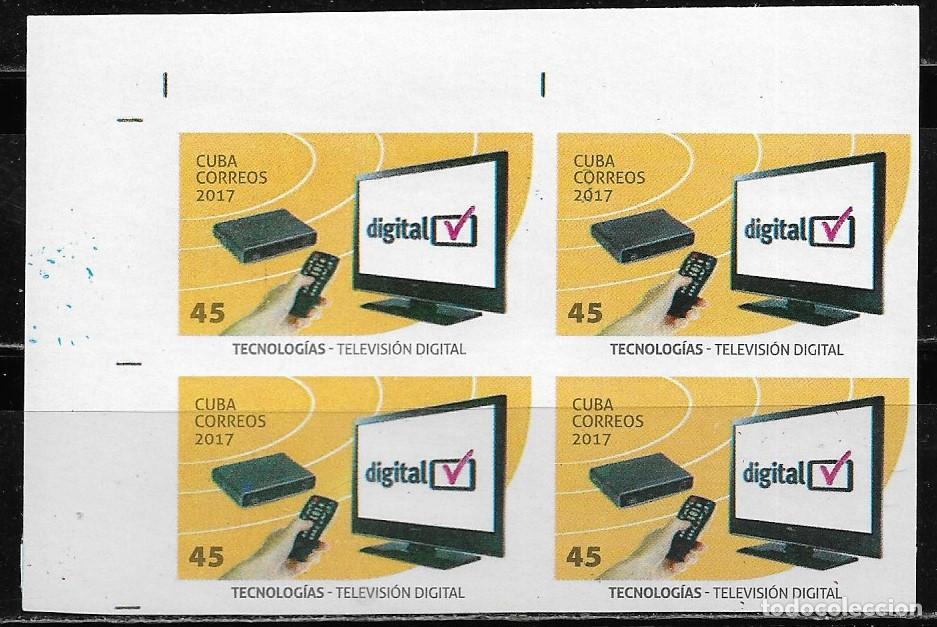 Sellos: CUBA 2017, TECNOLOG&Iacute;AS - TELEVISI&Oacute;N DIGITAL, EN BLOQUE DE 4 SIN DENTAR. MNH.