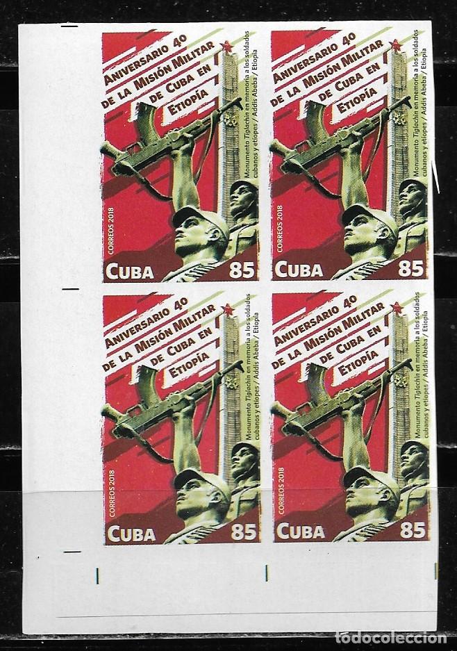 Sellos: CUBA 2018, 40&ordm; ANIV. MISI&Oacute;N MILITAR DE CUBA EN ETIOP&Iacute;A, BLOQUE DE 4 SIN DENTAR. MNH.