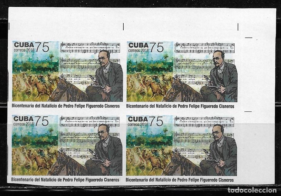 Sellos: CUBA 2018, 40&ordm; Bicentenario Natalicio Pedro Felipe Figueredo Cisneros, BLOQUE DE 4 SIN DENTAR. MNH.
