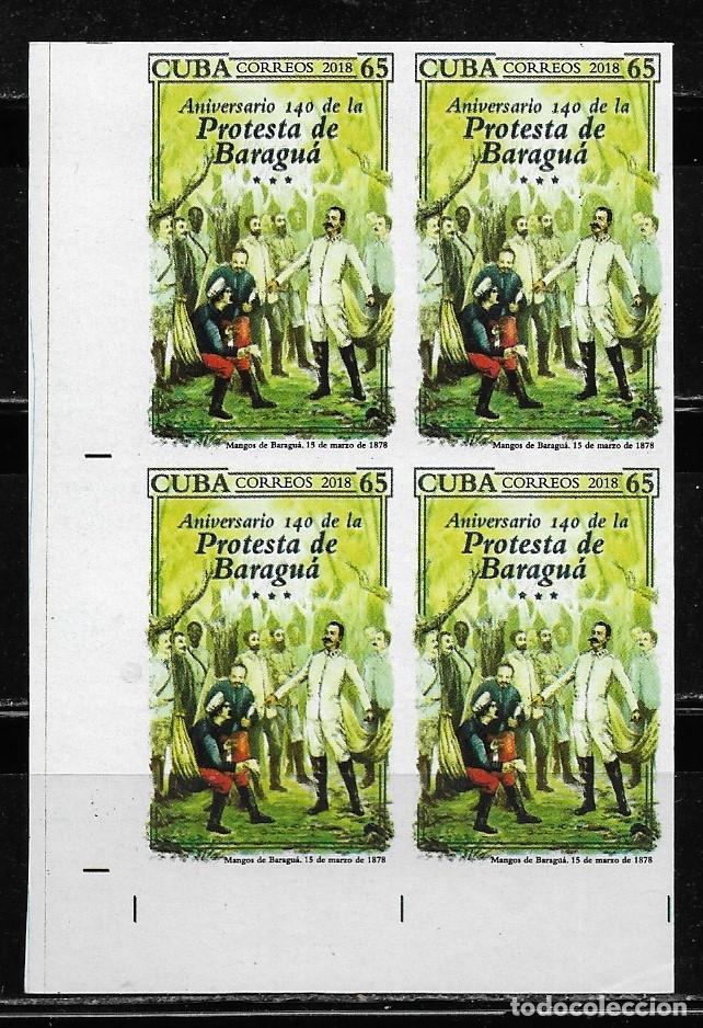 Sellos: CUBA 2018, 140&ordm; ANIVERSARIO PROTESTA DE BARAGN&Aacute;, BLOQUE DE 4 SIN DENTAR. MNH.