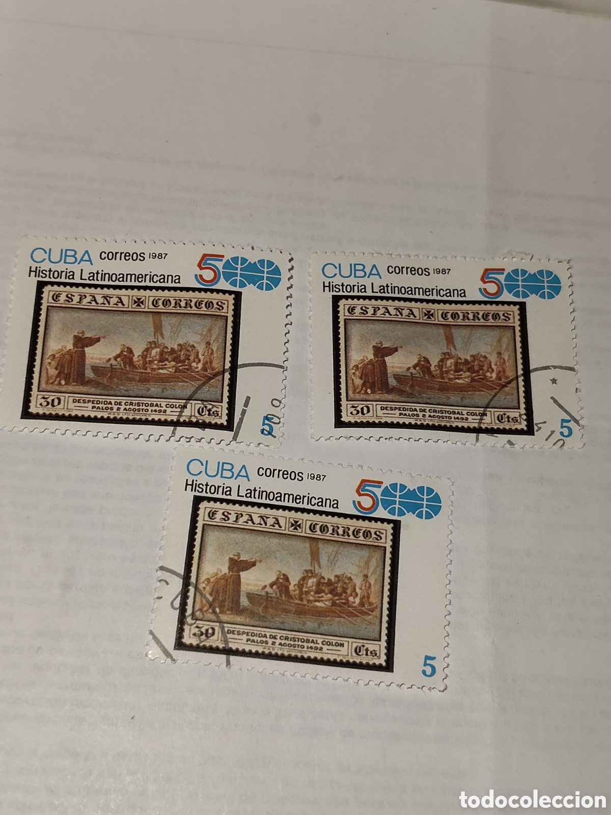 Sellos: 3 Sellos de Cuba despedida de Crist&oacute;bal Col&oacute;n en Palos de la Frontera 1987 muy bueno