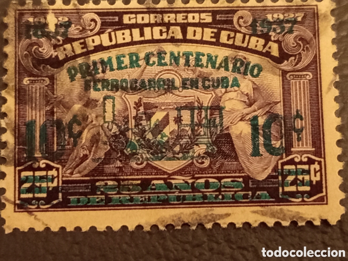 Sellos: Sello Cuba 1937 Conmemorativo Centenario del Ferrocarril - Cat&aacute;logo Edifil / Scott N&ordm; 254 (Sobrecarg