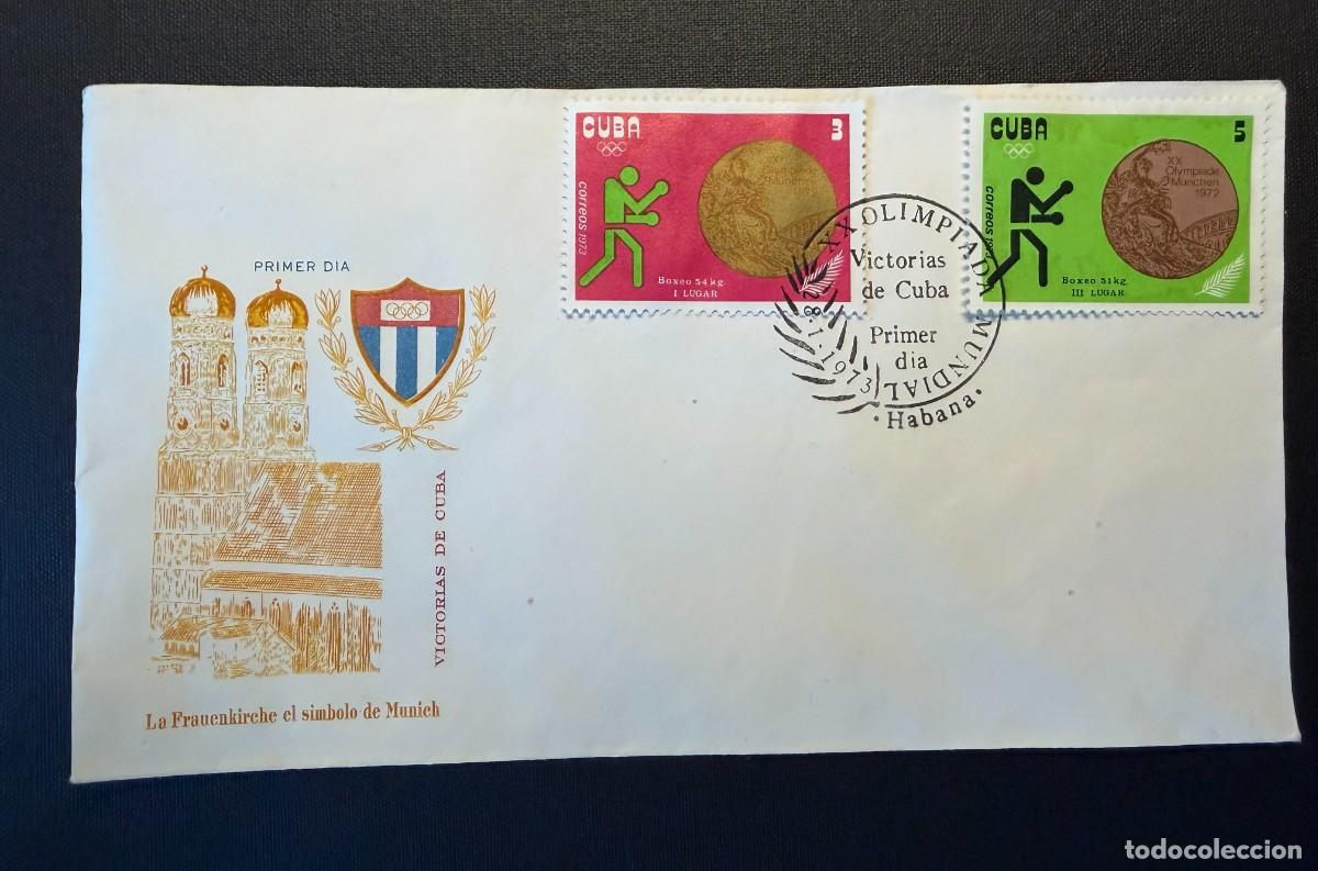 Sellos: Lote de 7 sellos de Cuba 1973 Juegos Ol&iacute;mpicos. Munich&acute;72. Medallas cubanas. 1973 . 4 Sobres ilustra