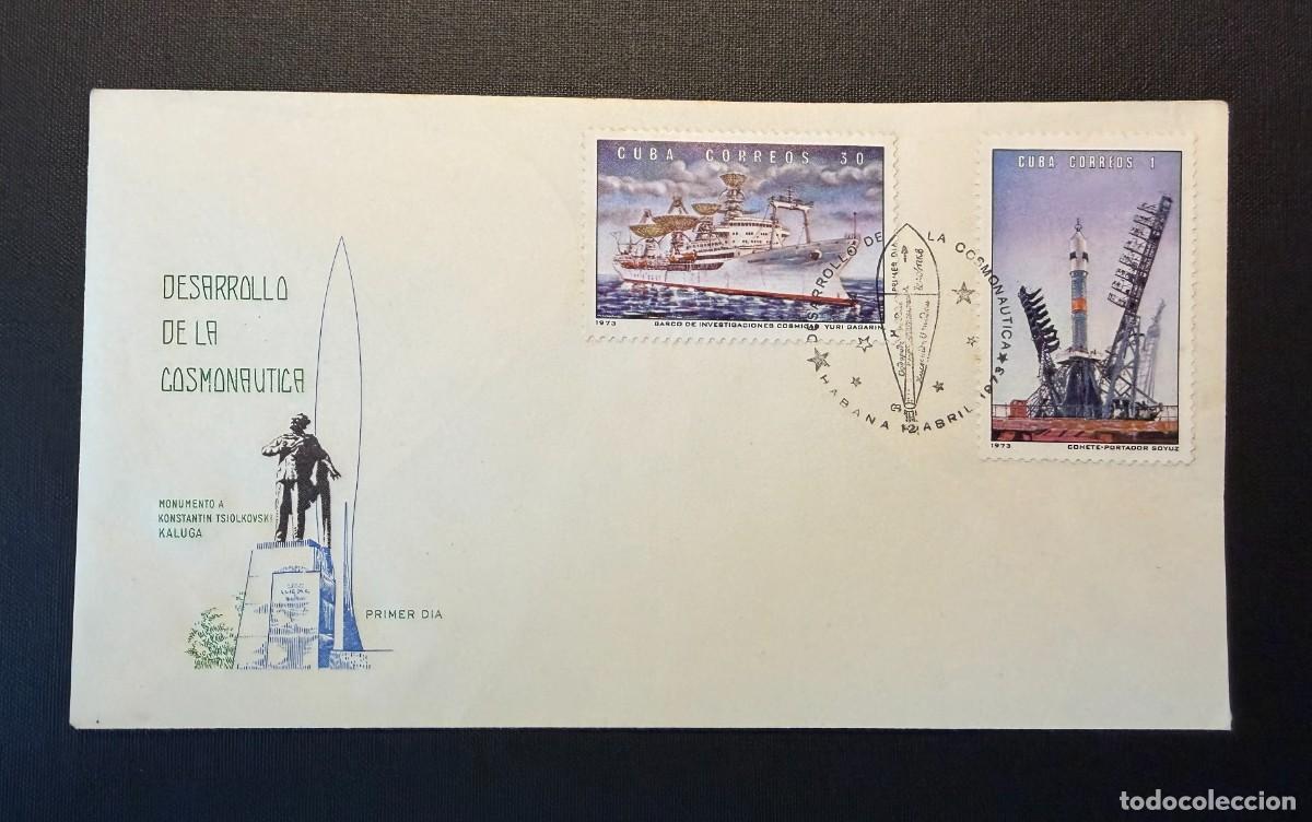 Sellos: Lote de 7 sellos de Cuba 1973 Naves Espaciales. 4 Sobres ilustrados