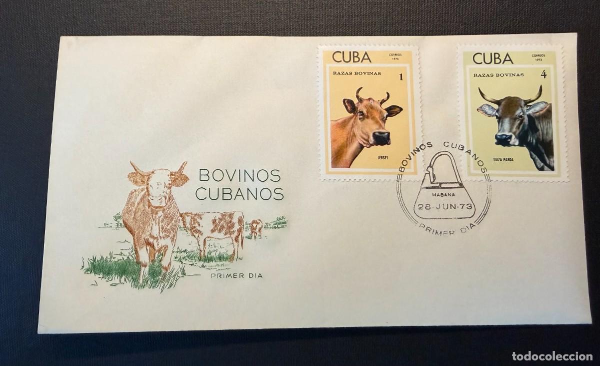 Sellos: Lote de 7 sellos de Cuba 1973 Razas Bovinas. 4 Sobres ilustrados
