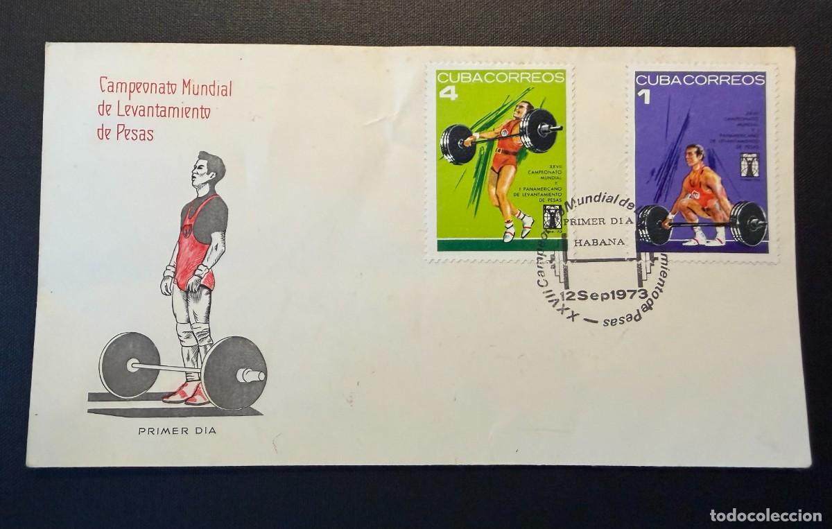 Sellos: Lote de 7 sellos de Cuba 1973 Campeonato Mundial de Levantamiento de Pesas. 4 Sobres ilustrados