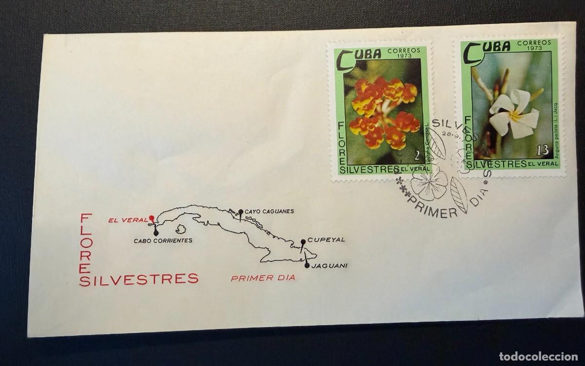 Sellos: Lote de 7 sellos de Cuba 1973 Flores Silvestres. 4 Sobres ilustrados