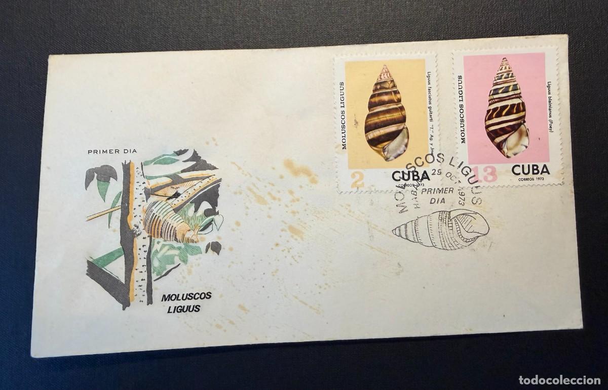 Sellos: Lote de 7 sellos de Cuba 1973 Moluscos Liguus. 3 Sobres ilustrados