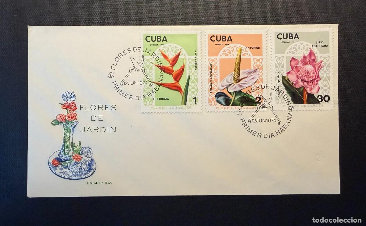 Sellos: Lote de 6 sellos de Cuba 1974 Flores de Jardin. 2 Sobres ilustrados