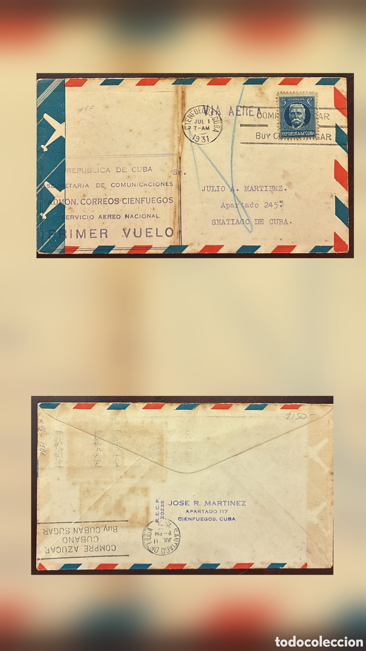 Sellos: CA) Cuba 1931 First National Airmail Flight &ndash; Cienfuegos to Santiago de Cuba