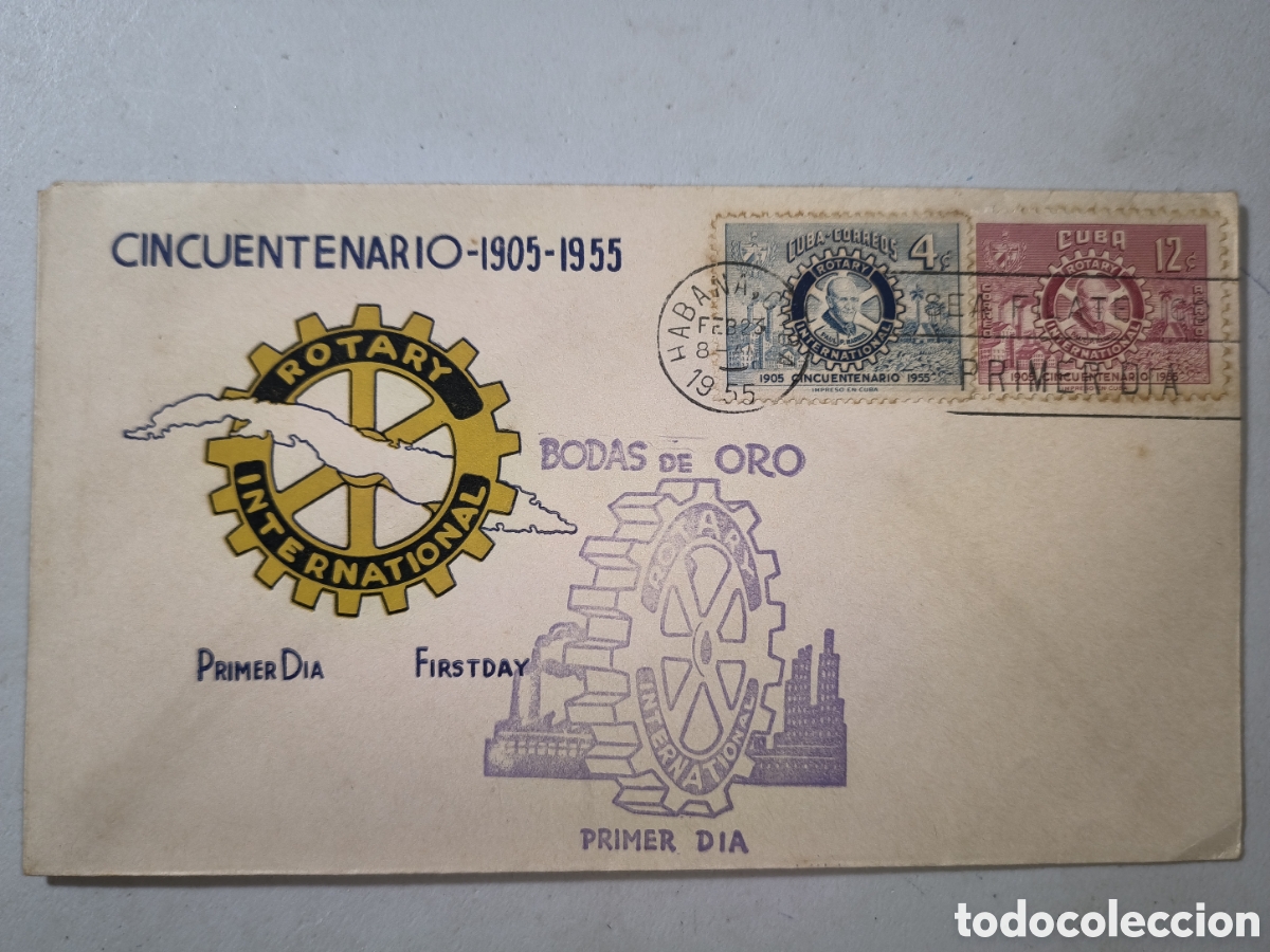 Sellos: Cuba,sobre primer d&iacute;a cincuentenario club rotario internacional,a&ntilde;o 1955.