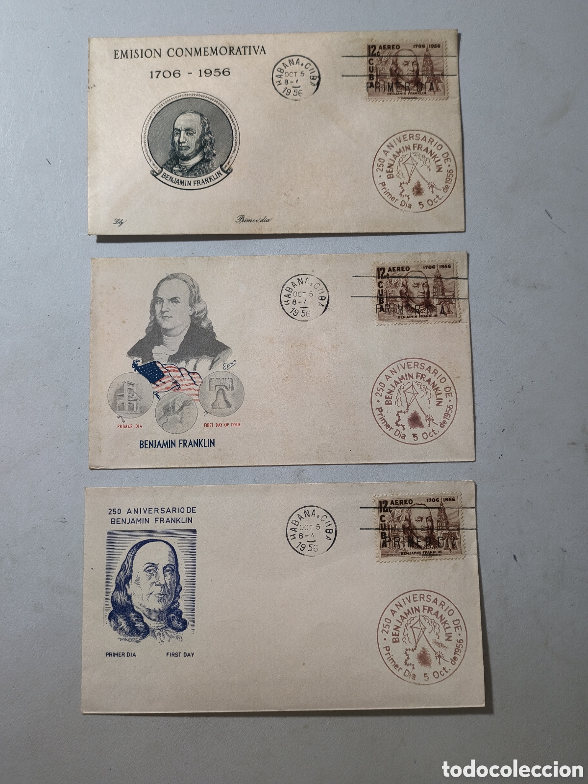 Sellos: Cuba,juego 3 sobres primer d&iacute;a 250 aniversario natalicio Benjam&iacute;n Franklin,a&ntilde;o 1956
