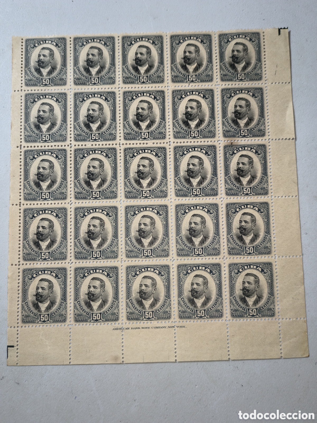 Sellos: Cuba,bloque 25 sellos nuevo sin goma ,50 cents.emision 1907