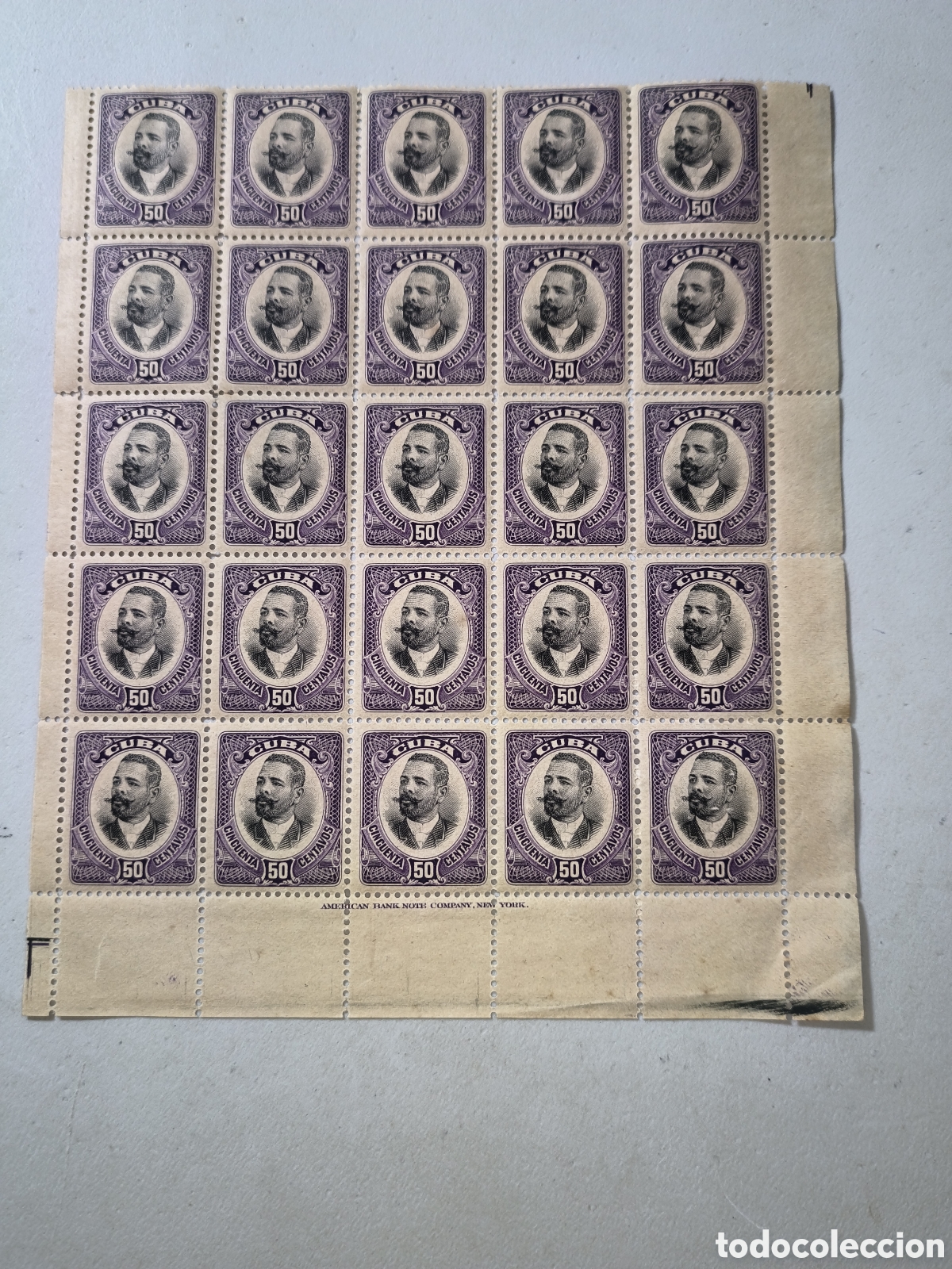 Sellos: Cuba,bloque de 25 sellos nuevos con goma ,50 cents.serie 1910