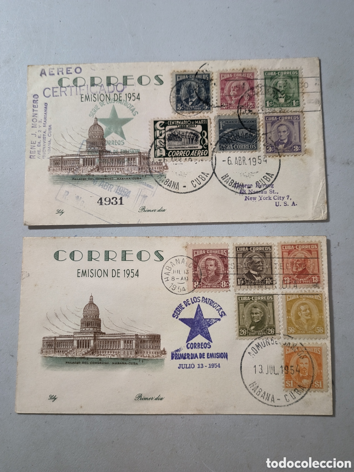 Sellos: Cuba,juego sobres primer d&iacute;a emisi&oacute;n patriotas cubanos 1954