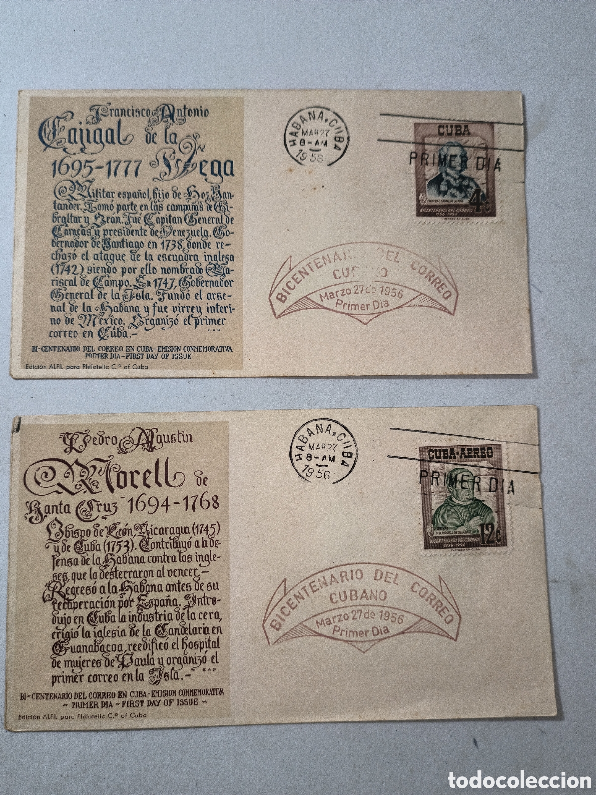 Sellos: Cuba,juego sobres primer d&iacute;a de la emisi&oacute;n del bicentenario correo en Cuba,a&ntilde;o 1956
